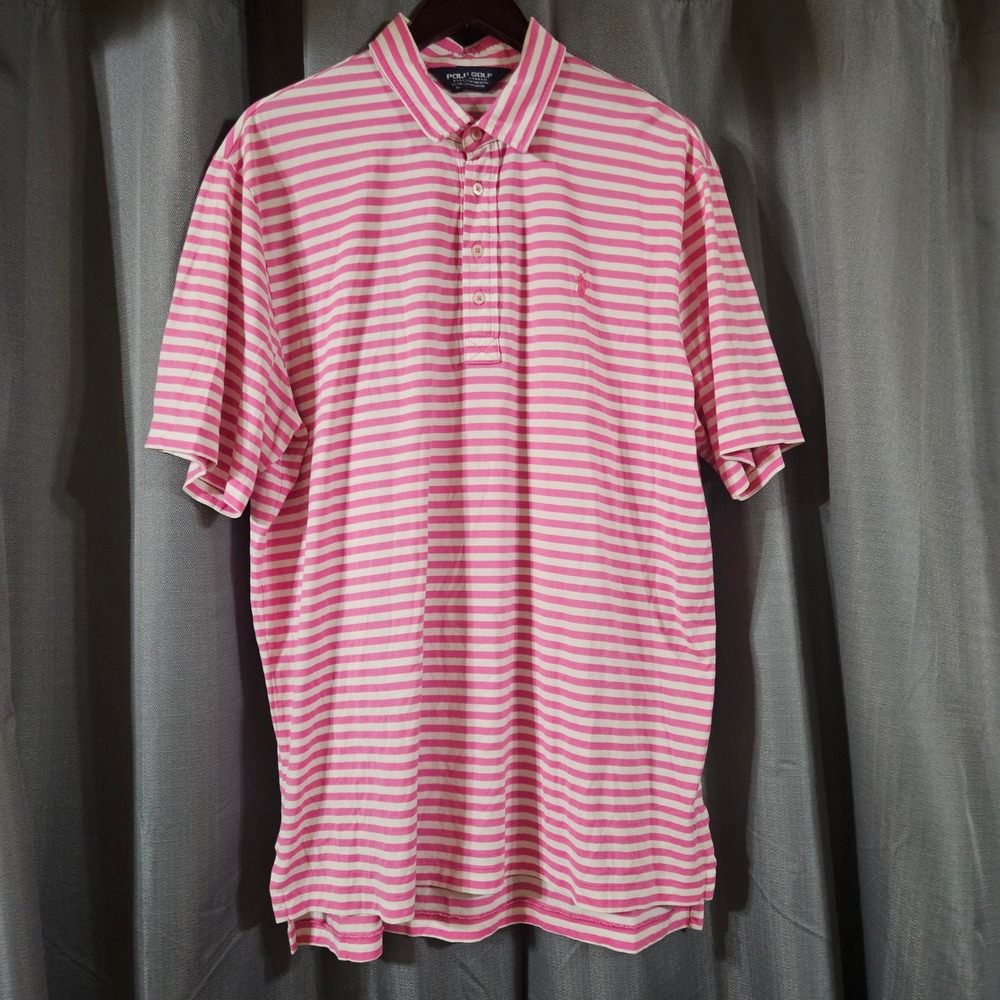 Polo Golf Ralph‎ Lauren Mens XL Pink White Striped Pima Cotton Short Sleeve Polo